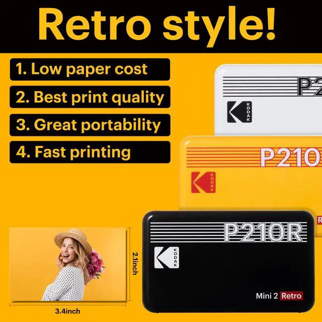 Alt view image 4 of 7 - Kodak Mini 2 Retro Portable Instant Photo Printer,Wireless Connection, Compatible with iOS, Android & Bluetooth, Real Photo(2.1x3.4”), 4Pass Technology & Lamination Process, Premium Quality +60 Sheets