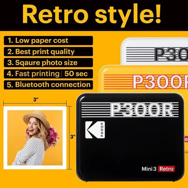 Alt view image 4 of 8 - Kodak Mini 3 Retro Portable Photo Printer Compatible with iOS, Android & Bluetooth Devices, Real Photo: (3”x3”), 4Pass Technology & Laminating Process, Print highest Quality Photos - 60 Sheets
