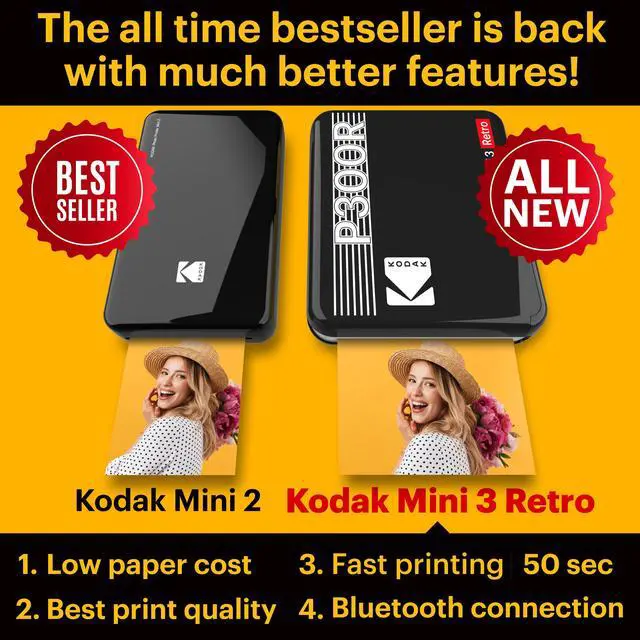 Alt view image 3 of 8 - Kodak Mini 3 Retro Portable Photo Printer Compatible with iOS, Android & Bluetooth Devices, Real Photo: (3”x3”), 4Pass Technology & Laminating Process, Print highest Quality Photos - 60 Sheets