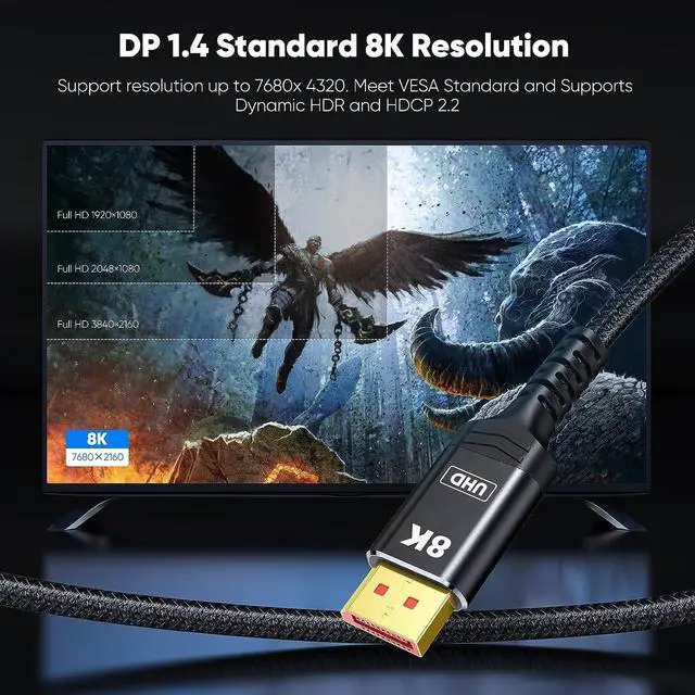 Alt view image 2 of 7 - 8K 4K DisplayPort Cable 1.4, Capshi 10FT DP Cable [VESA Certified, 8K@60Hz, 4K@144Hz, 2K@240Hz/165Hz/144Hz], Bradied 32.4Gbps High Speed Display Port Cable for Gaming Monitor, HDR/HDCP/FreeSync/G-Sync