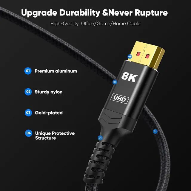 Alt view image 5 of 7 - 8K 4K DisplayPort Cable 1.4, Capshi 10FT DP Cable [VESA Certified, 8K@60Hz, 4K@144Hz, 2K@240Hz/165Hz/144Hz], Bradied 32.4Gbps High Speed Display Port Cable for Gaming Monitor, HDR/HDCP/FreeSync/G-Sync