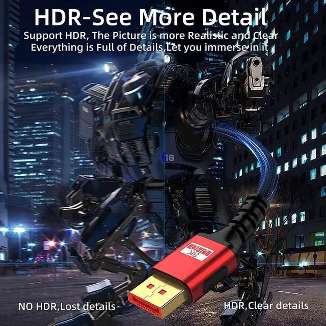 Alt view image 2 of 7 - DisplayPort Cable 1.4 1-Pack 8K Displayport Cable 6.6ft (8K@60Hz 4K@144Hz 2K@240Hz) HBR3 Supports 32.4Gbps HDR HDCP 2.2 FreeSync G-Sync Compatible for Gaming Monitor Graphics PC Laptop TV
