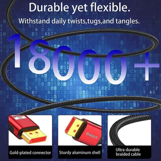 Alt view image 6 of 7 - DisplayPort Cable 1.4 1-Pack 8K Displayport Cable 6.6ft (8K@60Hz 4K@144Hz 2K@240Hz) HBR3 Supports 32.4Gbps HDR HDCP 2.2 FreeSync G-Sync Compatible for Gaming Monitor Graphics PC Laptop TV