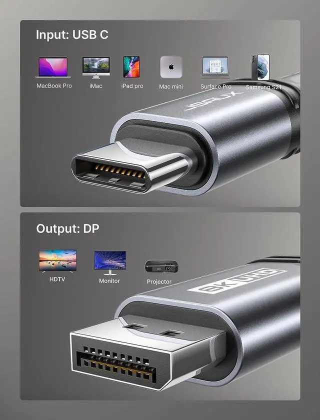 Alt view image 7 of 7 - JSAUX USB C to DisplayPort 1.4 Cable [8K@60Hz, 4K@144Hz, 2K@240Hz] USB C to Displayport Thunderbolt 4/3 to DP Cable Support 32.4 Gbps Compatible with MacBook Pro/Air, iPad Pro, iMac, Dell XPS-6.6FT