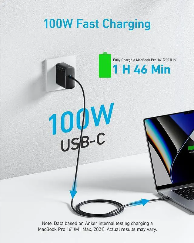 Alt view image 2 of 7 - Mac Book Pro Charger 100W USB C Charger Compact and Foldable Fast Charger for MacBook Pro MacBook Air Samsung Galaxy iPad Pro and All USB C Devices 5 ft USB C to USB C Cable Included