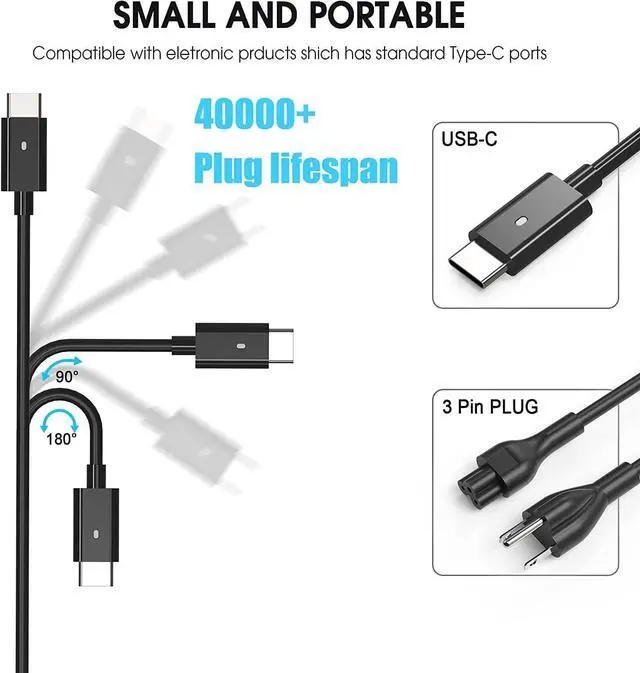 Alt view image 2 of 7 - New Slim 65W USB C Laptop Charger Replacement for  Latitude 5420 5520 5530 5550 5540 5430 5450 5440 7420 2-in-1 7430 7440 Chromebook 3100 Inspiron 14 2-in-1 XPS 13 Type C Power Cord