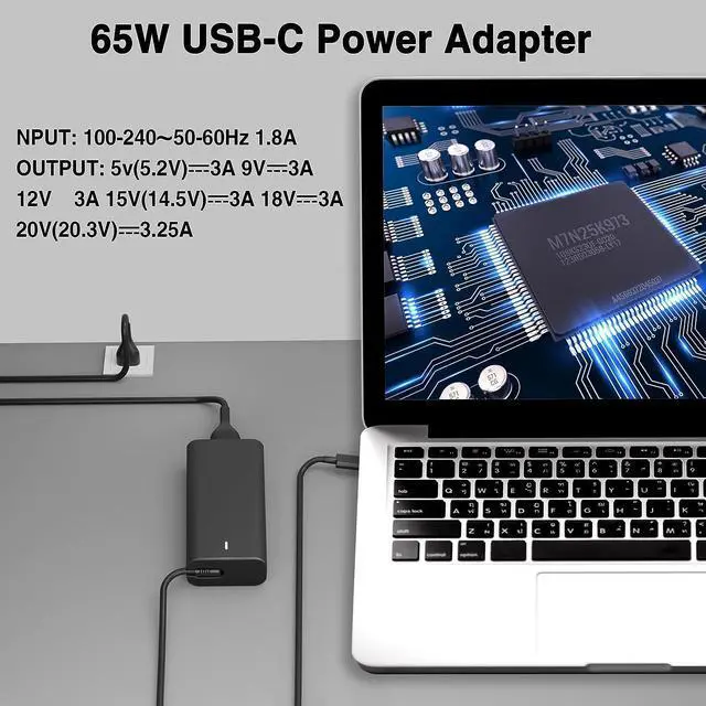 Alt view image 5 of 7 - New Slim 65W USB C Laptop Charger Replacement for  Latitude 5420 5520 5530 5550 5540 5430 5450 5440 7420 2-in-1 7430 7440 Chromebook 3100 Inspiron 14 2-in-1 XPS 13 Type C Power Cord