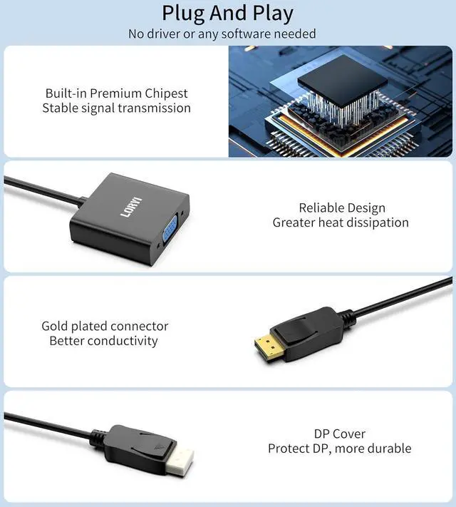 Alt view image 7 of 7 - DisplayPort to VGA Adapter Gold-Plated Display Port to VGA Cable (Male to Female) 1080P DP to VGA for Computer Desktop Laptop PC Monitor Projector HDTV (Black)