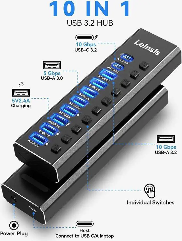 Alt view image 2 of 7 - Powered USB Hub 3.2, LEINSIS 10-Port USB 3.2/USB C Hub (10Gbps USB-A 3.2 +2 USB-C 3.2 +7 USB 3.0 Ports) with Individual On/Off Switches and 12V Power Adapter, Aluminum USB Hub Powered for Laptop PC
