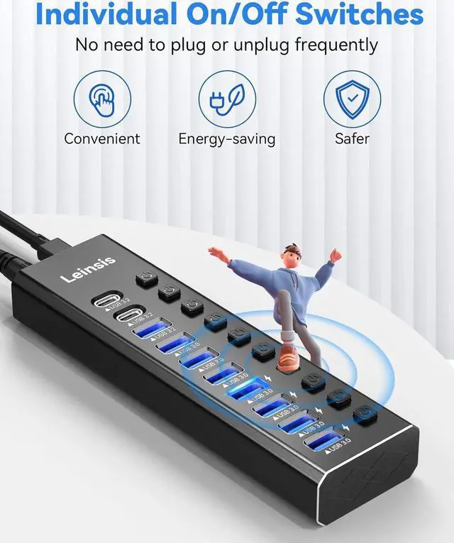 Alt view image 5 of 7 - Powered USB Hub 3.2, LEINSIS 10-Port USB 3.2/USB C Hub (10Gbps USB-A 3.2 +2 USB-C 3.2 +7 USB 3.0 Ports) with Individual On/Off Switches and 12V Power Adapter, Aluminum USB Hub Powered for Laptop PC