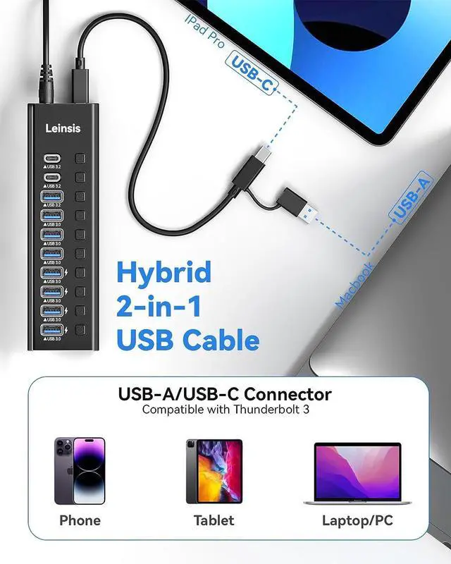 Alt view image 7 of 7 - Powered USB Hub 3.2, LEINSIS 10-Port USB 3.2/USB C Hub (10Gbps USB-A 3.2 +2 USB-C 3.2 +7 USB 3.0 Ports) with Individual On/Off Switches and 12V Power Adapter, Aluminum USB Hub Powered for Laptop PC