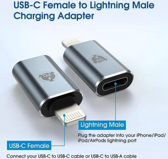 Alt view image 2 of 6 - USB C to Lightning Adapter 2 Pack Type C Female to Lightning Male Adapter Fits iPhone 14/13/12/11/X/XR/XS/SE/8/7/6/iPad/iPod/AirPods Support 27W PD Fast Charging and Data Transfer