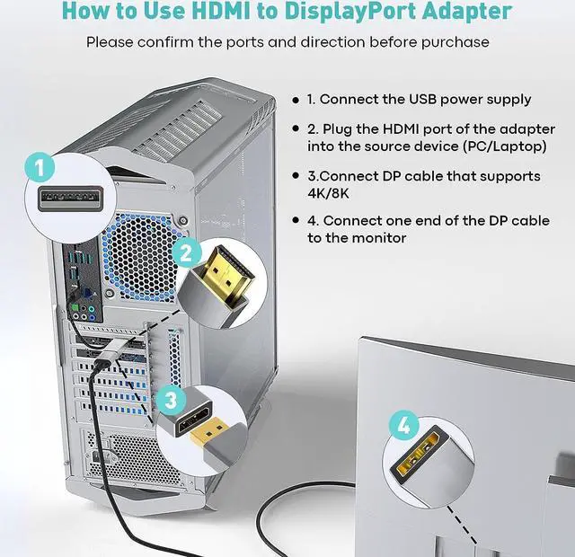 Alt view image 6 of 7 - HDMI to DisplayPort Adapter (4K 60Hz 1080p 120Hz) Uni-Directional HDMI Male to DP Female Converter for Monitor Compatible with GPU Laptop AMD NVIDIA PS5 Xbox and More - 1 Pack