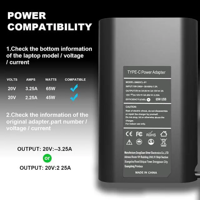 Alt view image 3 of 7 - 65W 60W Type C USB C Laptop Charger-for Dell Latitude Computer 5420 5520 5530 5540 3440 3540 5440 e5430 5290 5320 7410 7420 7330 7340 7430 7440 7530 7275 7320 7390,XPS 13,Chromebook Power Cord Adapter