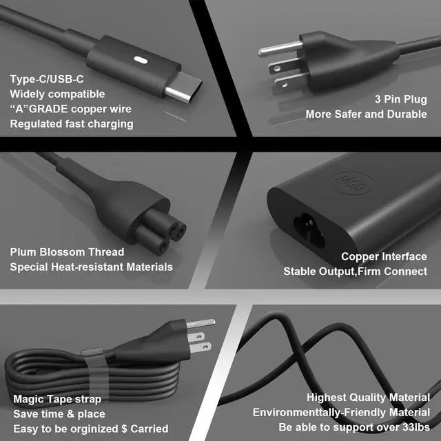 Alt view image 6 of 7 - 65W 60W Type C USB C Laptop Charger-for Dell Latitude Computer 5420 5520 5530 5540 3440 3540 5440 e5430 5290 5320 7410 7420 7330 7340 7430 7440 7530 7275 7320 7390,XPS 13,Chromebook Power Cord Adapter