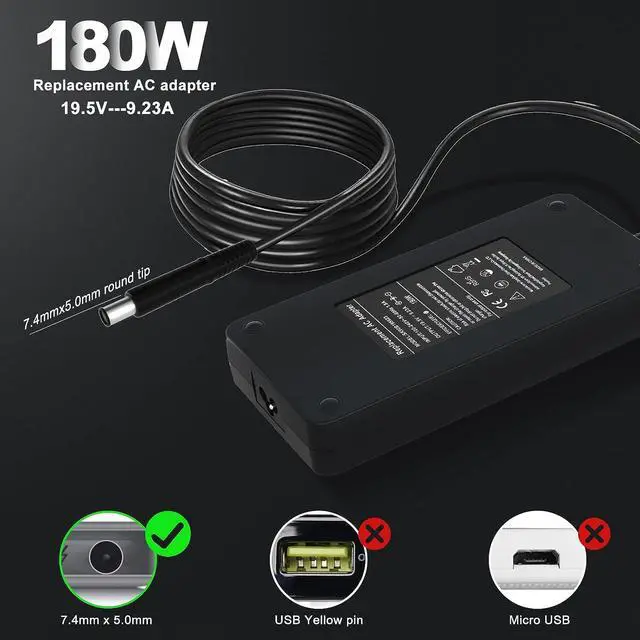 Alt view image 2 of 7 - 19.5V 9.23A 180W AC Adapter Charger for Dell Alienware 13 15 17 R1 R2 R3 R4 R5 Series Precision M4600 M4700 M4800 Inspiron One 2320 2350 3579 3379 5587 5590 7510 7588 7710 Laptop Power Supply Cord