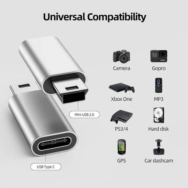 Alt view image 6 of 6 - Mini USB to USB C Adapter 2 Pack USB C to Mini USB 2.0 Male to Female Converter Support Charging Data Sync for Gopro Hero Gamera GPS Receiver Car Dash Cam Cellphone MP3