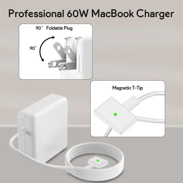 Alt view image 3 of 6 - Mac Book Pro Charger - 60W T-Tip Magnetic Charger Power Adapter Compatible with Mac Book Air/Pro 13-Inch Retina Display(After 2012)
