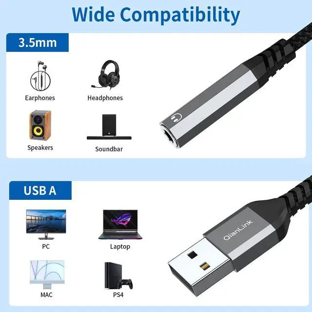 Alt view image 6 of 6 - USB to 3.5mm Jack Audio Adapter (2-Pack) USB to Audio Jack Adapter Headset USB-A to 3.5mm TRRS 4-Pole Mic Female External Stereo Sound Card for Headphone Mac PS4 PS5 PC Laptop Desktops