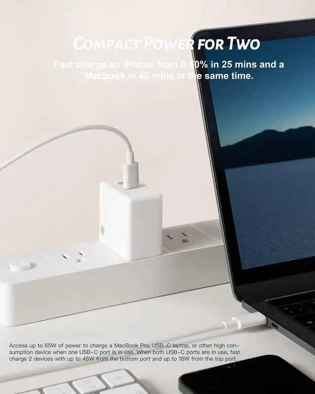 Alt view image 3 of 7 - USB C Charger 65W, (GaN 65W), PPS Fast Charger Adapter, Dual USB C Ports Foldable Compact Charger for MacBook Pro/Air, iPad Pro, Google Pixelbook, iPhone 13/14/15, Microsoft Surface Book 2 and More