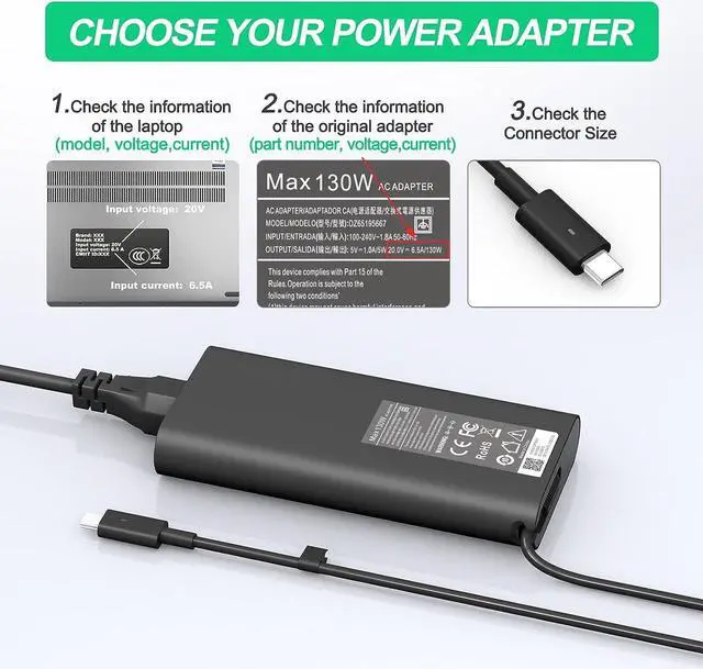 Alt view image 4 of 7 - New Replacement Dell 130W Laptop Charger USB C Type C for Dell XPS 15 9575 9520 9510 9500 17 9720 9710 9700 Precision 5530 5550 5560 5570 5750 5760 3560 Latitude 5411 5421 5511 5520 5521 Power Cord
