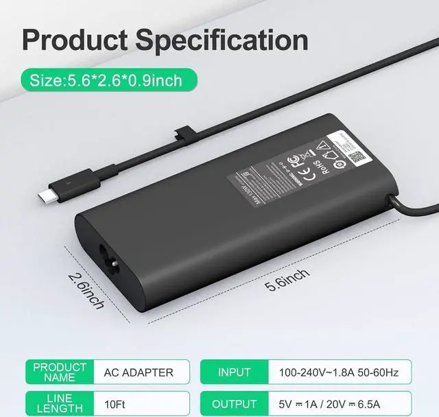 Alt view image 6 of 7 - New Replacement Dell 130W Laptop Charger USB C Type C for Dell XPS 15 9575 9520 9510 9500 17 9720 9710 9700 Precision 5530 5550 5560 5570 5750 5760 3560 Latitude 5411 5421 5511 5520 5521 Power Cord