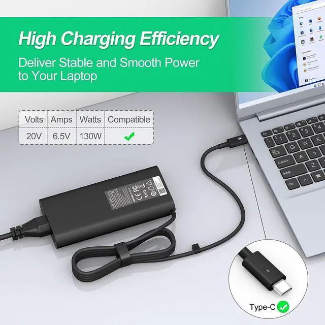 Alt view image 3 of 7 - New Replacement Dell 130W Laptop Charger USB C Type C for Dell XPS 15 9575 9520 9510 9500 17 9720 9710 9700 Precision 5530 5550 5560 5570 5750 5760 3560 Latitude 5411 5421 5511 5520 5521 Power Cord