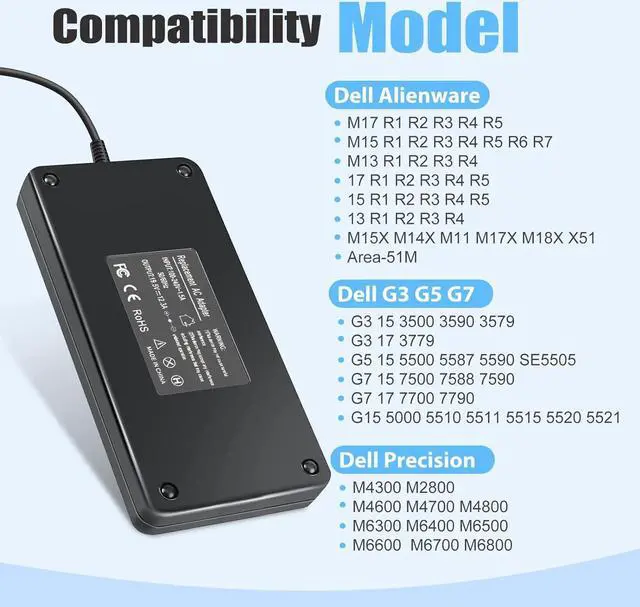 Alt view image 2 of 6 - 240W 180W Laptop Charger Replacement for Dell Alienware M17 17 M15 15 R1 R2 R3 R4 R5 R6 R7 / G3 G5 G7 G15 3590 5500 5505 7500 7700 / M15X M17X M18X X15 X51 Gaming Laptop AC Adapter Power Supply Cord
