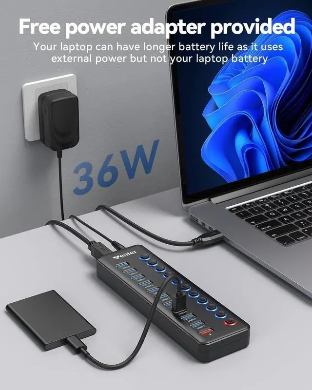 Alt view image 5 of 7 - Powered USB Hub, Wenter 11-Port USB Splitter Hub (10 Faster Data Transfer Ports+ 1 Smart Charging Port) with Individual LED On/Off Switches, USB Hub 3.0 Powered with Power Adapter for Mac, PC