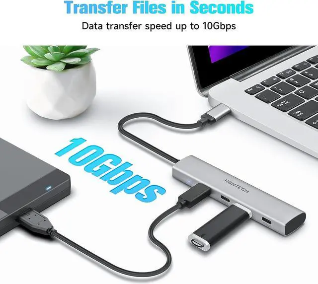 Alt view image 3 of 6 - USB C Hub 10Gbps RSHTECH 4-Port USB C to USB-C 3.2 Gen 2 Dongle, Portable USB C Multiport Adapter for Thunderbolt/Type C Laptop and More, Gray (RX04)