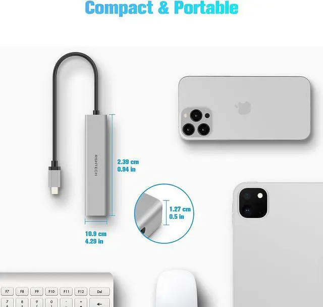 Alt view image 6 of 6 - USB C Hub 10Gbps RSHTECH 4-Port USB C to USB-C 3.2 Gen 2 Dongle, Portable USB C Multiport Adapter for Thunderbolt/Type C Laptop and More, Gray (RX04)