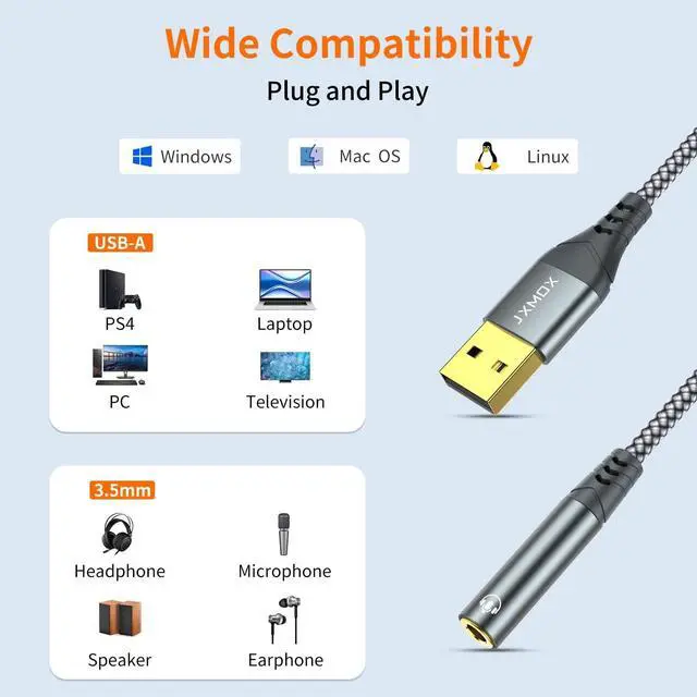 Alt view image 5 of 7 - USB to 3.5mm Audio Adapter (2-Pack) - USB-A to 3.5mm TRRS 4-Pole Female External Stereo Sound Card for Headphones Mac PS4 PS5 PC Laptops Desktops