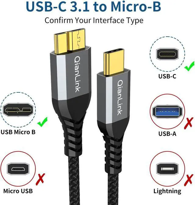 Alt view image 2 of 6 - 10Gbps Micro B to USB C Hard Drive Cable (1.6FT/0.5m) USB C to Micro B Cord USB C to External Hard Drive Cable for Seagate WD Toshiba Westgate MacBook Air M2 Pro iPad Galaxy S23 S22 S21