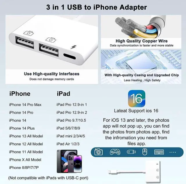 Alt view image 3 of 7 - AMLLEN USB Adapter for iPad,iPad to USB Adapter,iPhone to USB Adapter Compatible iPhone/iPad,Plug N Play,Compatible with USB Flash Drive.Support iOS 16.