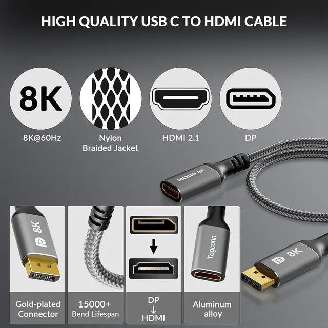 Alt view image 3 of 5 - 8K DisplayPort to HDMI Adapter Uni-Directional DP 1.4 Male (Source) to HDMI 2.1 Female (Screen) Converter DP Male to HDMI Connector 8K@60Hz 4K@120Hz for PC  HP NVIDIA Laptop and More