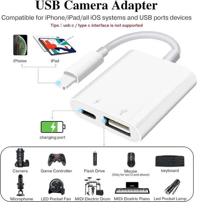 Alt view image 2 of 7 - USB Camera Adapter with Charging Port Portable USB Female OTG Adapter Compatible for iPhone iPad iPad to USB Adapter Plug and Play Support Card Reader