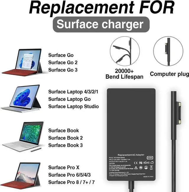 Alt view image 2 of 7 - 65W Surface Pro Charger for Microsoft Surface Pro 9, 8, 7+, 7, 6, 5, 4, 3, X, Windows Surface Laptop 1, 2, 3, 4, 5, Surface Go Tablet, Surface Book 3, 2, 1, Support 44W, 36W Power Cord