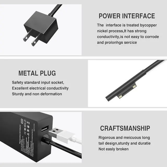 Alt view image 3 of 7 - 65W Surface Pro Charger for Microsoft Surface Pro 9, 8, 7+, 7, 6, 5, 4, 3, X, Windows Surface Laptop 1, 2, 3, 4, 5, Surface Go Tablet, Surface Book 3, 2, 1, Support 44W, 36W Power Cord