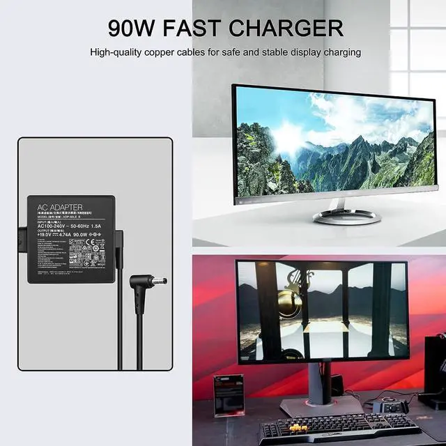 Alt view image 3 of 6 - 90w Charger for Asus Monitor Power Cord Asus Rog Strix PG279Q PG279 PG279QZ XG27UQ PG259QN TUF Gaming VG27AQ VG32VQR VG35VQ Vivo AiO V230I V230IC Power Adapter ADP-90LE B