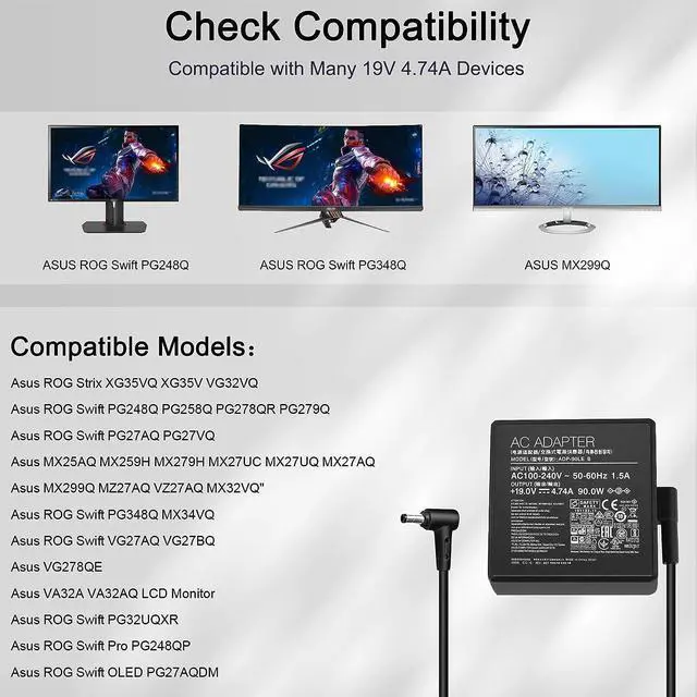 Alt view image 2 of 6 - 90w Charger for Asus Monitor Power Cord Asus Rog Strix PG279Q PG279 PG279QZ XG27UQ PG259QN TUF Gaming VG27AQ VG32VQR VG35VQ Vivo AiO V230I V230IC Power Adapter ADP-90LE B