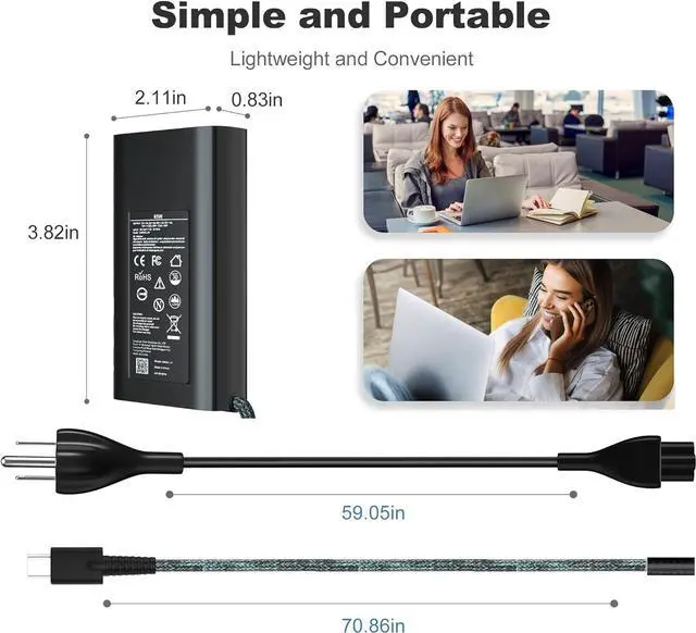 Alt view image 6 of 6 - 65W Slim USB-C Charger Compatible for HP Envy - Fit for HP Chromebook, EliteBook x360 860 840 g9 g8, Spectre x360, HP ProBook Laptop Type C Power Adapter with Premium Braided Nylon Cord