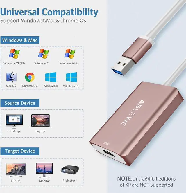 Alt view image 2 of 7 - USB to HDMI Adapter 2023 Upgraded Aluminum USB 3.0/2.0 to HDMI Audio Video Converter for PC Laptop Projector HDTV Support Mac OS Windows 10/8.1/8/7 Chrome OS Not Support Linux. (Rose Gold)