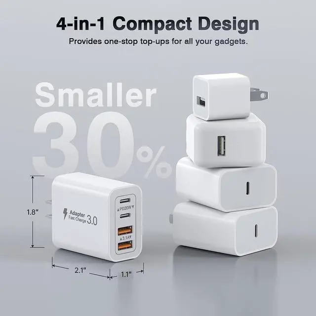 Alt view image 5 of 7 - 40W USB C Charger Cube, 2-Pack Wall Plug Fast Charging Block, 4-Port PD+QC Power Adapter Multiport Brick Type C Box for iPhone 15/14/13/12/11/Pro Max/XS/XR/8/7, Tablets, Cellphones