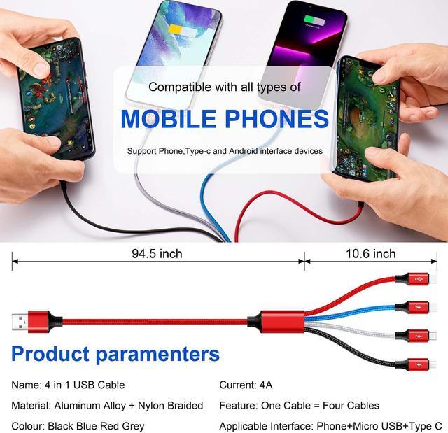 Alt view image 6 of 7 - Multi Charging Cable,10Ft 2Pack Multi Fast Charging Cord, Braided Universal 4 in 1 Multi Charger Cable, Long Multi USB Cable Adapter IP/Type C/Micro USB Port for Cell Phones/Tablets/Samsung & More