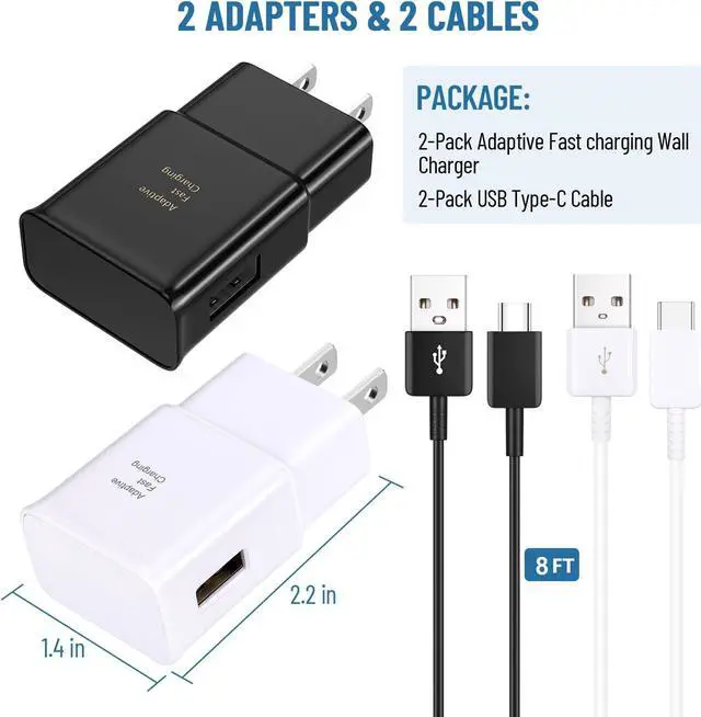 Alt view image 2 of 7 - Type C Charger Fast Charging 2 Pack USB C Android Phone Wall Charger Block & 8ft Charge Cable Cord for Samsung Galaxy S8/S9/S10/S20/S21/S21 Ultra/S22/S22 Plus/S22 Ultra/Note 8/9/10/20 (Black&White)