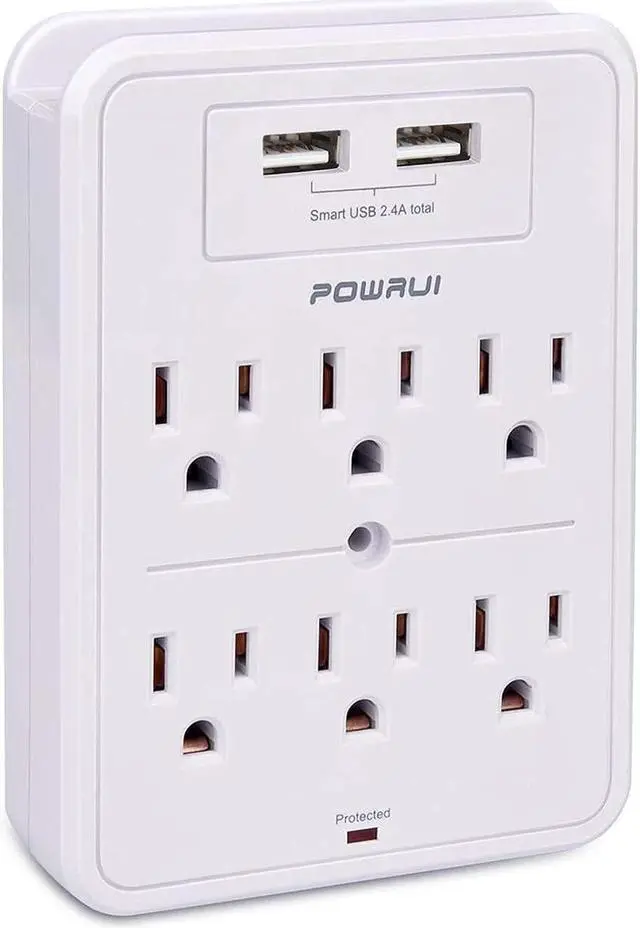 Main image of Surge Protector USB Wall Charger with 2 USB Charging Ports(Smart 2.4A Total) 6-Outlet Extender and Top Phone Holder for Your Cell Phone White ETL Listed