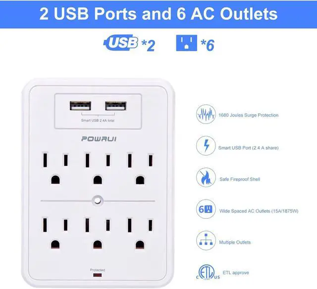 Alt view image 2 of 7 - Surge Protector USB Wall Charger with 2 USB Charging Ports(Smart 2.4A Total) 6-Outlet Extender and Top Phone Holder for Your Cell Phone White ETL Listed