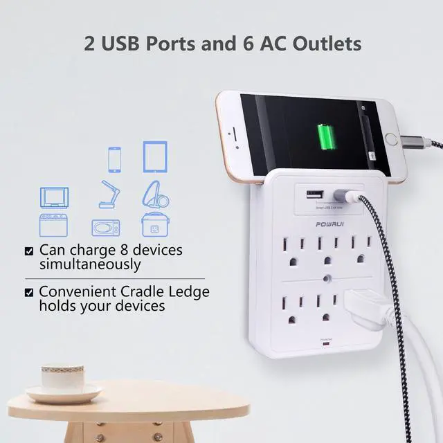 Alt view image 3 of 7 - Surge Protector USB Wall Charger with 2 USB Charging Ports(Smart 2.4A Total) 6-Outlet Extender and Top Phone Holder for Your Cell Phone White ETL Listed