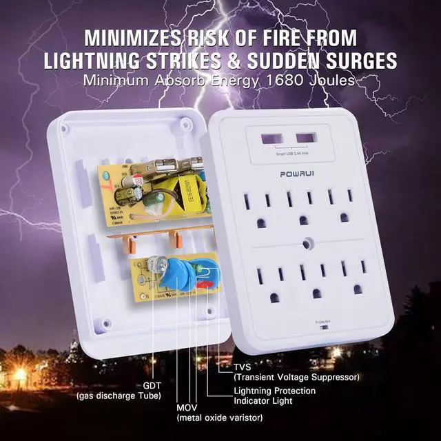 Alt view image 4 of 7 - Surge Protector USB Wall Charger with 2 USB Charging Ports(Smart 2.4A Total) 6-Outlet Extender and Top Phone Holder for Your Cell Phone White ETL Listed