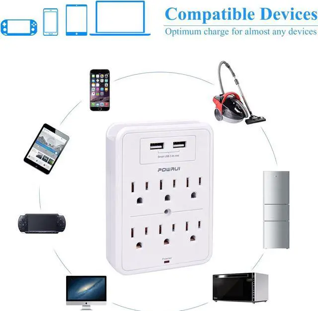 Alt view image 5 of 7 - Surge Protector USB Wall Charger with 2 USB Charging Ports(Smart 2.4A Total) 6-Outlet Extender and Top Phone Holder for Your Cell Phone White ETL Listed